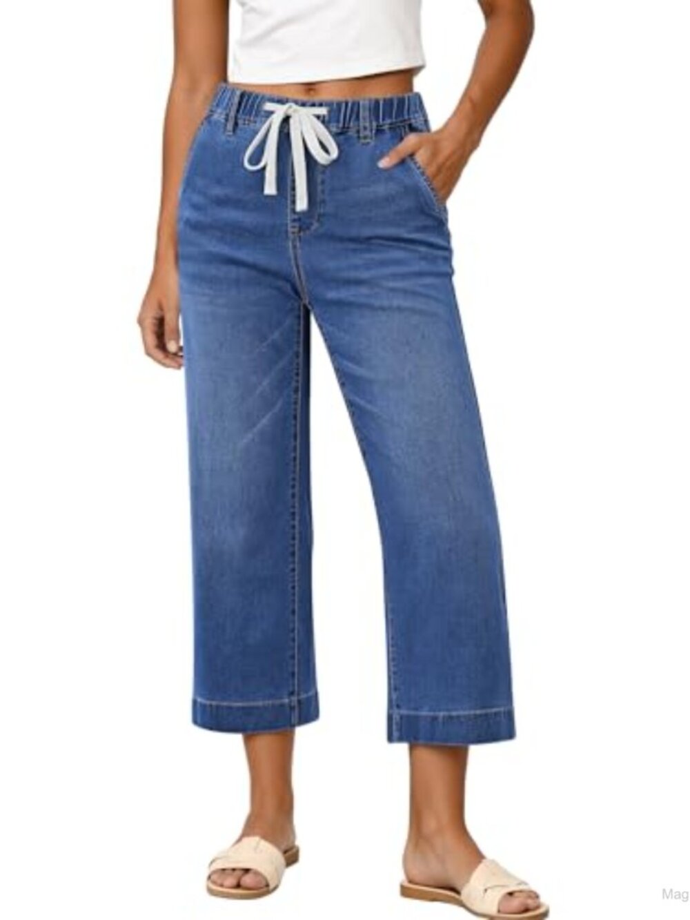 Wide Leg Capri Jeans High Waisted Pull On Elastic Waist Stretch Denim